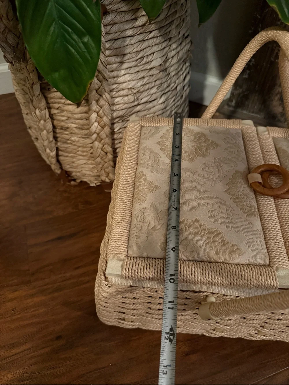 Vintage Woven Wicker Sewing Basket With Dual/Hinged Lid And Cream Tapestry Top